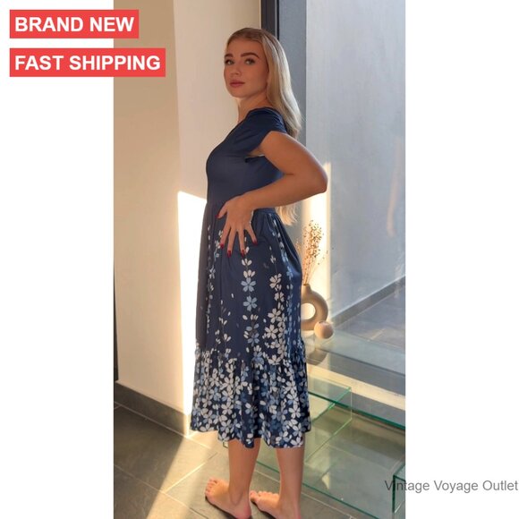 Summer Midi A-Line Dress Short Sleeve Casual Flowy Tiered Beach Sundress with - Picture 7 of 7